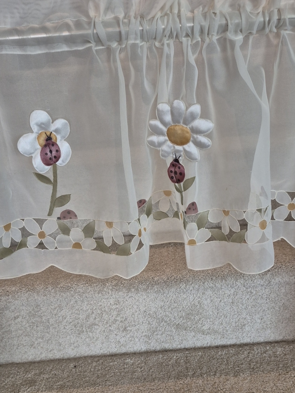 White Sheer Floral Valance with Embroidered 3D Daisies 60x13